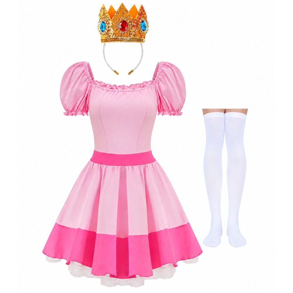 Princess Peach Cosplay Costume Set Pink Dress Crown Stockings XL Womens